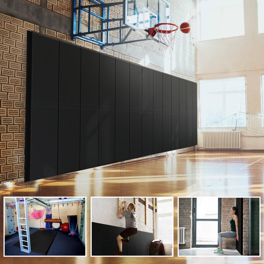 PROGOAL 72" x 20" x 4" Gym Wall Padding Basketball Court Wall Mats Athletes Protector,Removable High Elasticity Tear-Resistant 4" Thick Foam High-Density Wall Pads for Safty(Black)