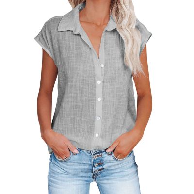 Akklian Short Sleeve Tops for Women Dressy Casual Short Sleeve Trendy Collared Button Shirt Solid V-Neck Loose T-Shirt Blouse