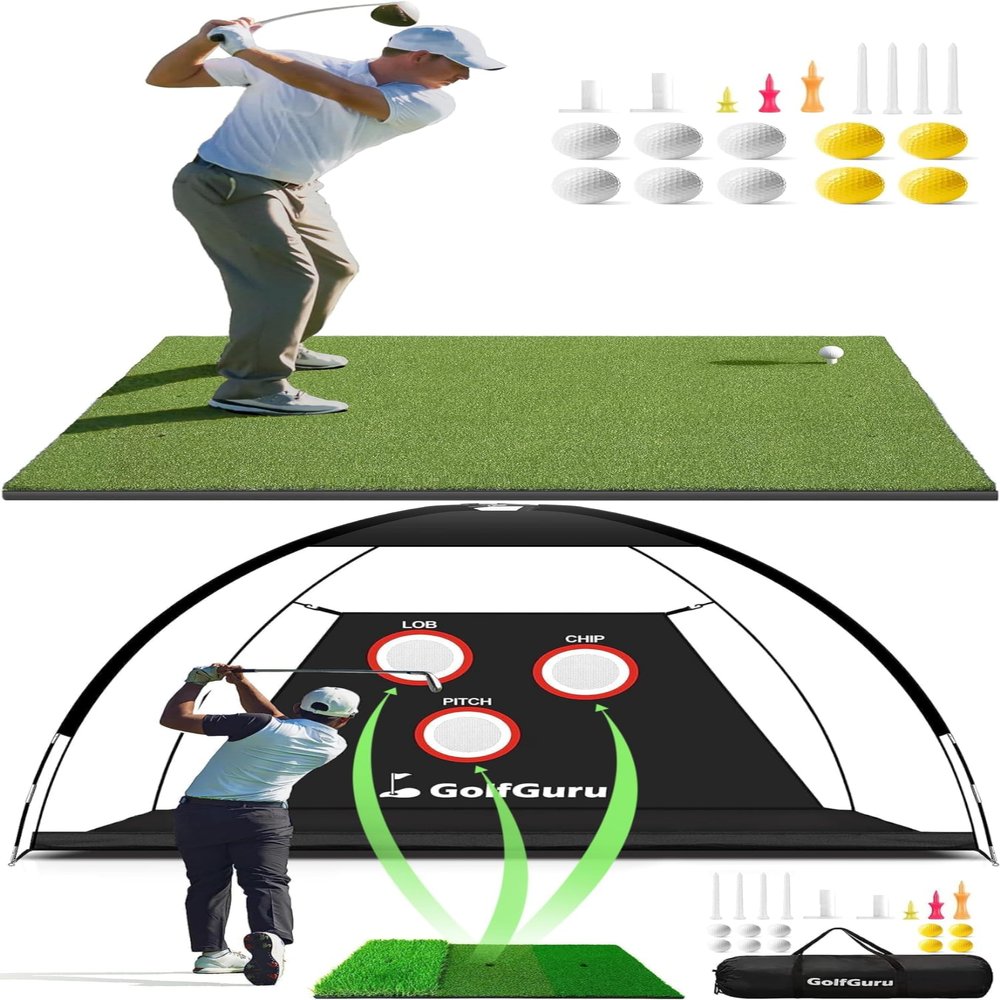 10x7ft Golf Net & 21MM Golf Mats Practice with 10 Golf Balls, 9 Golf Tees, Golf Hitting Training Aids for Backyard Driving Chipping Indoor Outdoor Training