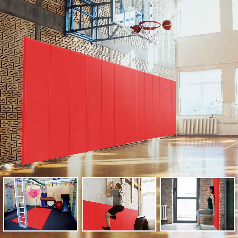 PROGOAL 60" x 20" x 2" Gym Wall Padding Basketball Court Wall Mats Athletes Protector,Removable High Elasticity Tear-Resistant 2" Thick Foam High-Density Wall Pads for Safty(Red)