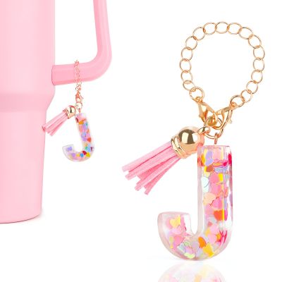 DECZHIYU Letter Charms Accessories for Stanley Cup, Initial J Charm for Stanley 30 40oz Tumbler with Letter&Tassel, Glitter Charms for Stanley Cup Accessories, Initial Keychain Gifts for Women