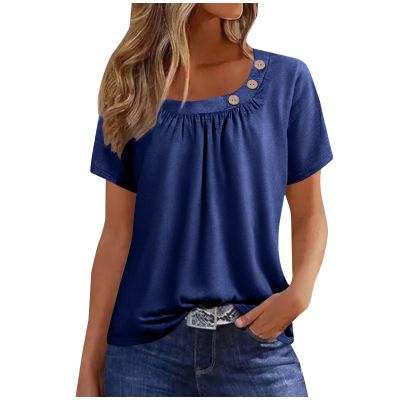 2024 Shirts for Women Trendy Short Sleeve Tops Summer Casual Tunic Blouses Pleated Asymmetrical Button Neckline Tee Dark Blue