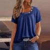 2024 Shirts for Women Trendy Short Sleeve Tops Summer Casual Tunic Blouses Pleated Asymmetrical Button Neckline Tee Dark Blue view 2