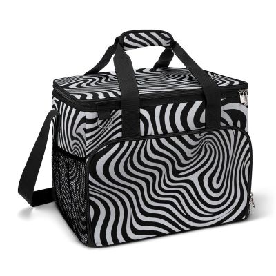 Cooler Bag Large Lunch Bag with Double Zipper Balck and White Illusion Insulated Grocery Bag Reusable Lunch Box for Camping Beach