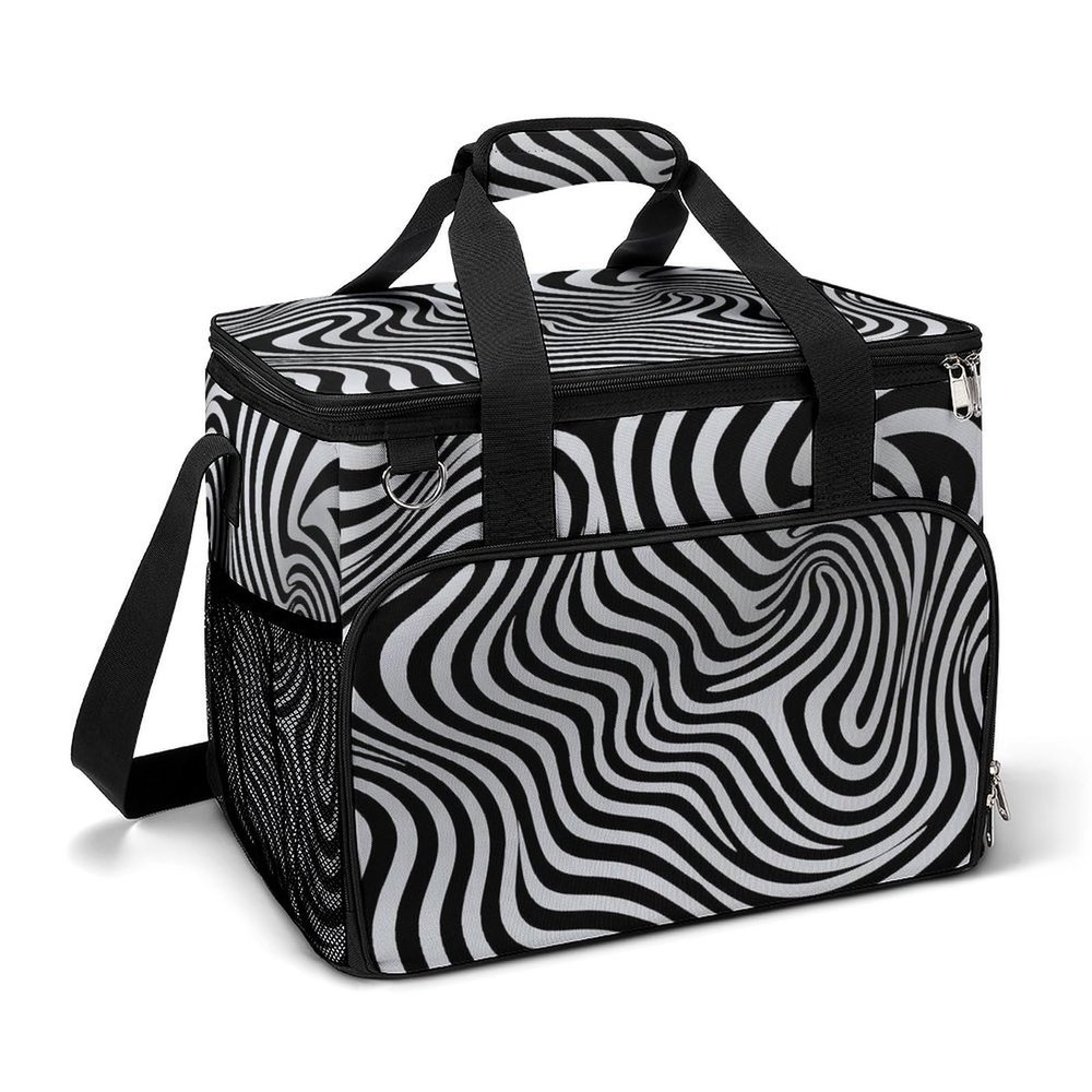 Cooler Bag Large Lunch Bag with Double Zipper Balck and White Illusion Insulated Grocery Bag Reusable Lunch Box for Camping Beach