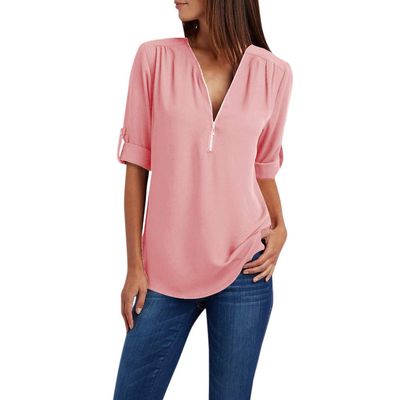 Akklian Womens Tops Dressy Casual 3/4 Roll Sleeve Half Zip up Tunic Shirts V Neck Chiffon Blouses Button Side Blouses Tops