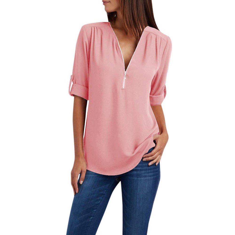 Akklian Womens Tops Dressy Casual 3/4 Roll Sleeve Half Zip up Tunic Shirts V Neck Chiffon Blouses Button Side Blouses Tops