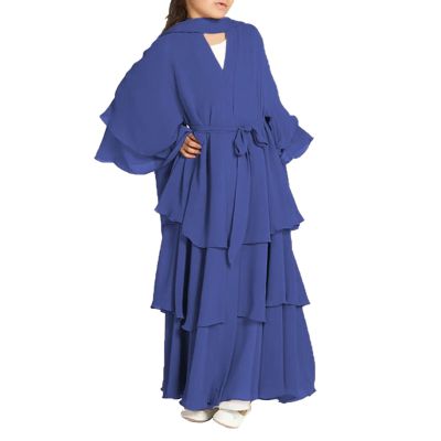Kids Abayas Dress for Girls Muslim Dress with Hijab Chiffon Layered Islam Kaftan Robe Open Front (Blue, 9-10 Years)