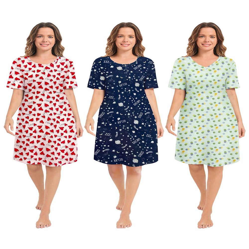 CONOMAX 3 Pack Nightgowns for Women Summer Short Sleeve Night Gowns