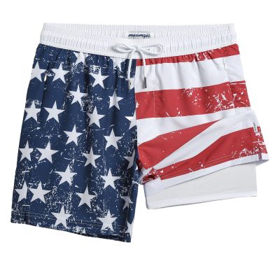 maamgic 7 Inch Mens Swim Trunks with Compression Liner Board Shorts with Zippered Pocket Bathing Suit for Beach Vacation United States Flag Splicing Medium