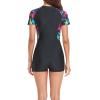 Womens Rash Guard UPF 50+ Short Sleeve Swim Shirt Printed One Piece Swimsuit Build in Bra Boyleg Surfing Bathing Suit Black view 2