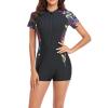 Womens Rash Guard UPF 50+ Short Sleeve Swim Shirt Printed One Piece Swimsuit Build in Bra Boyleg Surfing Bathing Suit Black view 4