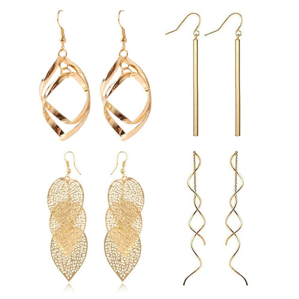 18k Gold Plated Dangle Earrings Set Metal Geometric Bar Earrings Long Leaves Tassel Threader Earrings Set For Women Gold