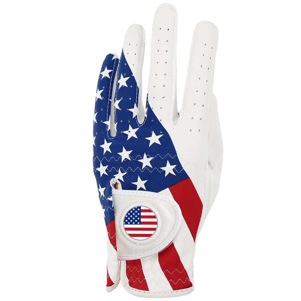 GOLTERS Left Hand Golf Gloves with USA Flag - Synthetic Leather Lycra Fiber Adjustable Strap (Men's, X-Large)