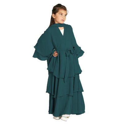 Kids Abayas Dress for Girls Muslim Dress with Hijab Chiffon Layered Islam Kaftan Robe Open Front (Green, 11-12 Years)