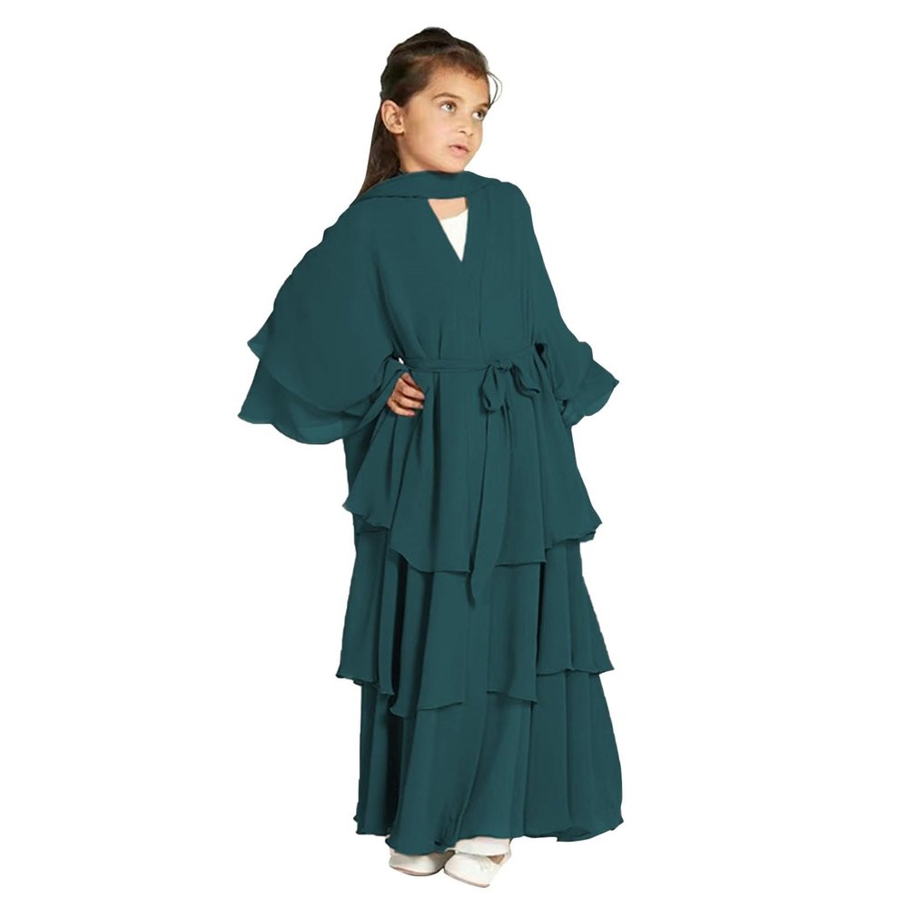 Kids Abayas Dress for Girls Muslim Dress with Hijab Chiffon Layered Islam Kaftan Robe Open Front (Green, 11-12 Years)
