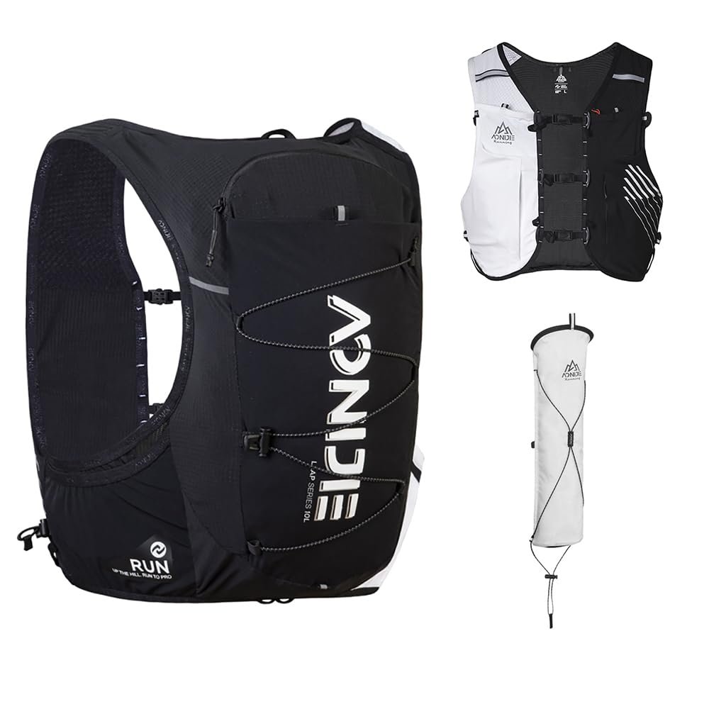 OUNERGY Running Hydration Vest 10L Large Capacity & Fits 6.8 inch Phones,Hydration Backpack for Trail Running,Hiking,Cycling (Black White with 2*500ML,M) (XL,Black White with 2*500ML)