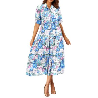 FQFGGYD Women's Floral Midi Dress Summer Flowy Boho Dresses Peplum Short Sleeve Button A-line Skirts Vacation Beach Sundress Blue