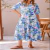 FQFGGYD Women's Floral Midi Dress Summer Flowy Boho Dresses Peplum Short Sleeve Button A-line Skirts Vacation Beach Sundress Blue view 3
