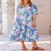 FQFGGYD Women's Floral Midi Dress Summer Flowy Boho Dresses Peplum Short Sleeve Button A-line Skirts Vacation Beach Sundress Blue view 4