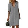 FQFGGYD Women's Midi Shirt Dress Cotton Linen Skirt Summer Beach Cover-up Half Sleeve V-Neck Button Business Casual Dresses Gray view 1