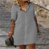 FQFGGYD Women's Midi Shirt Dress Cotton Linen Skirt Summer Beach Cover-up Half Sleeve V-Neck Button Business Casual Dresses Gray view 3