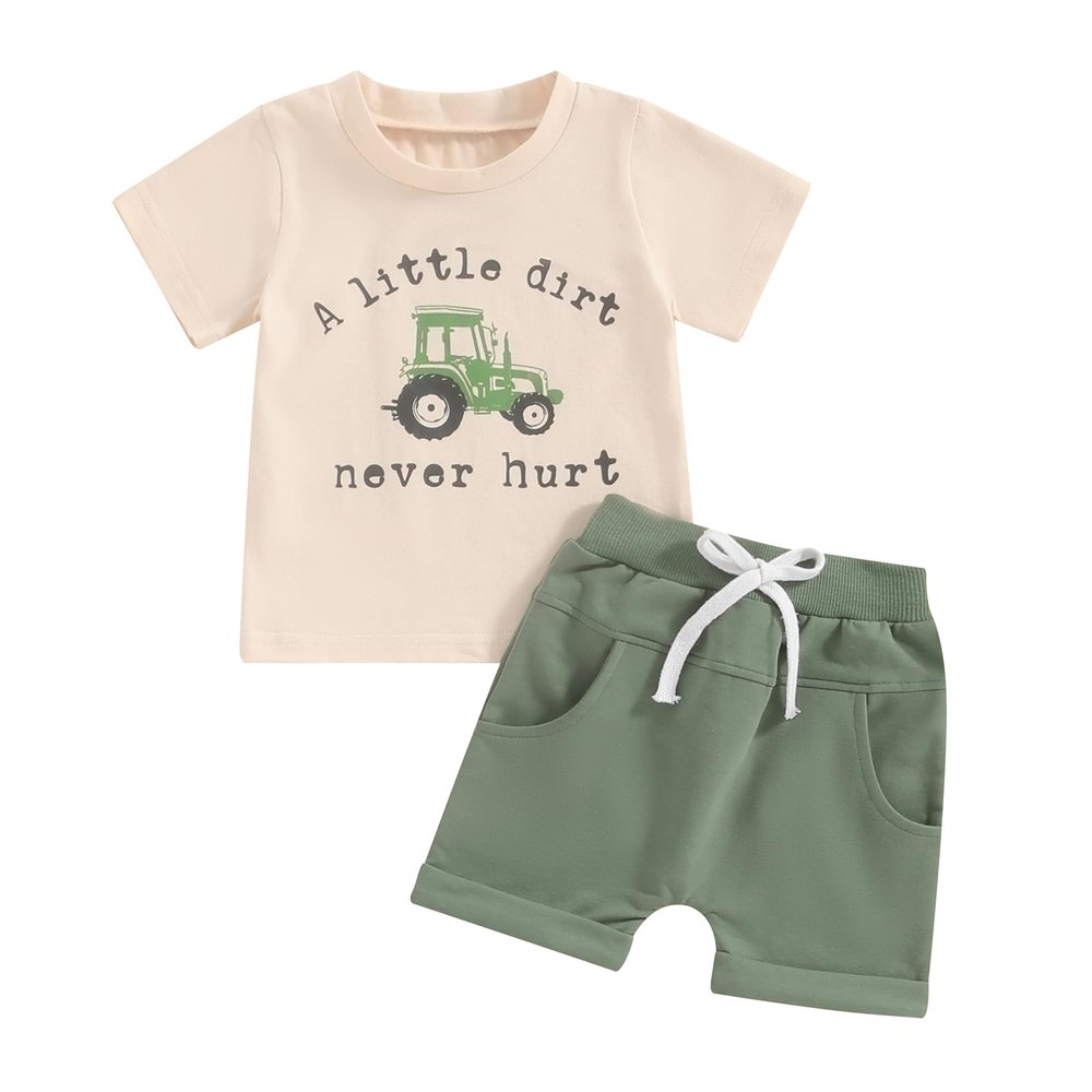 Frietlebird Toddler Baby Boy Summer Clothes Short Sleeve Letter Print Shirt with Elastic Waist Shorts Set Summer Outfit(M-Beige Tractor,2-3T)