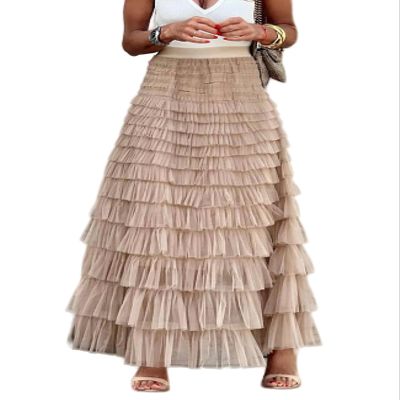 Flygo Women's Long Maxi Tulle Skirts A Line Ruffle High Waisted Tiered Layered Mesh Tutu Skirt Petticoat(Champagne-S)