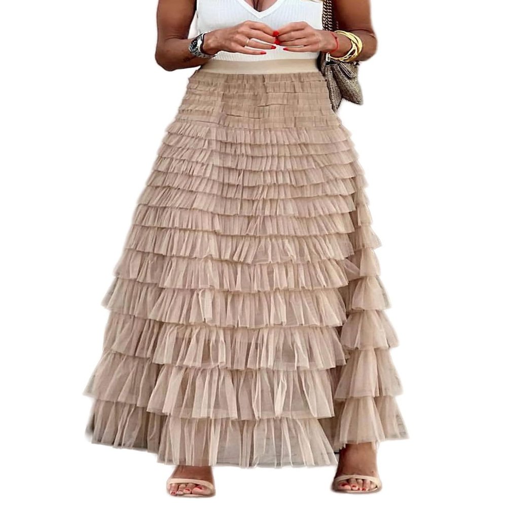 Flygo Women's Long Maxi Tulle Skirts A Line Ruffle High Waisted Tiered Layered Mesh Tutu Skirt Petticoat(Champagne-S)