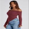 PRETTYGARDEN Women's Fall Off the Shoulder Long Sleeve Tops Wine Red,M view 4