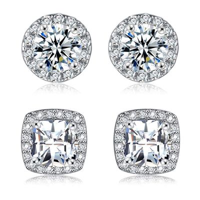18K White Gold Plated Round Square Cubic Zirconia Simulated Diamond Halo Stud Earrings