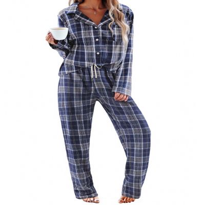 Ekouaer Womens Pajama Sets 2 Piece Cotton Plaid Pjs Long Sleeve Sleepwear Button Down Lounge Set with Pockets