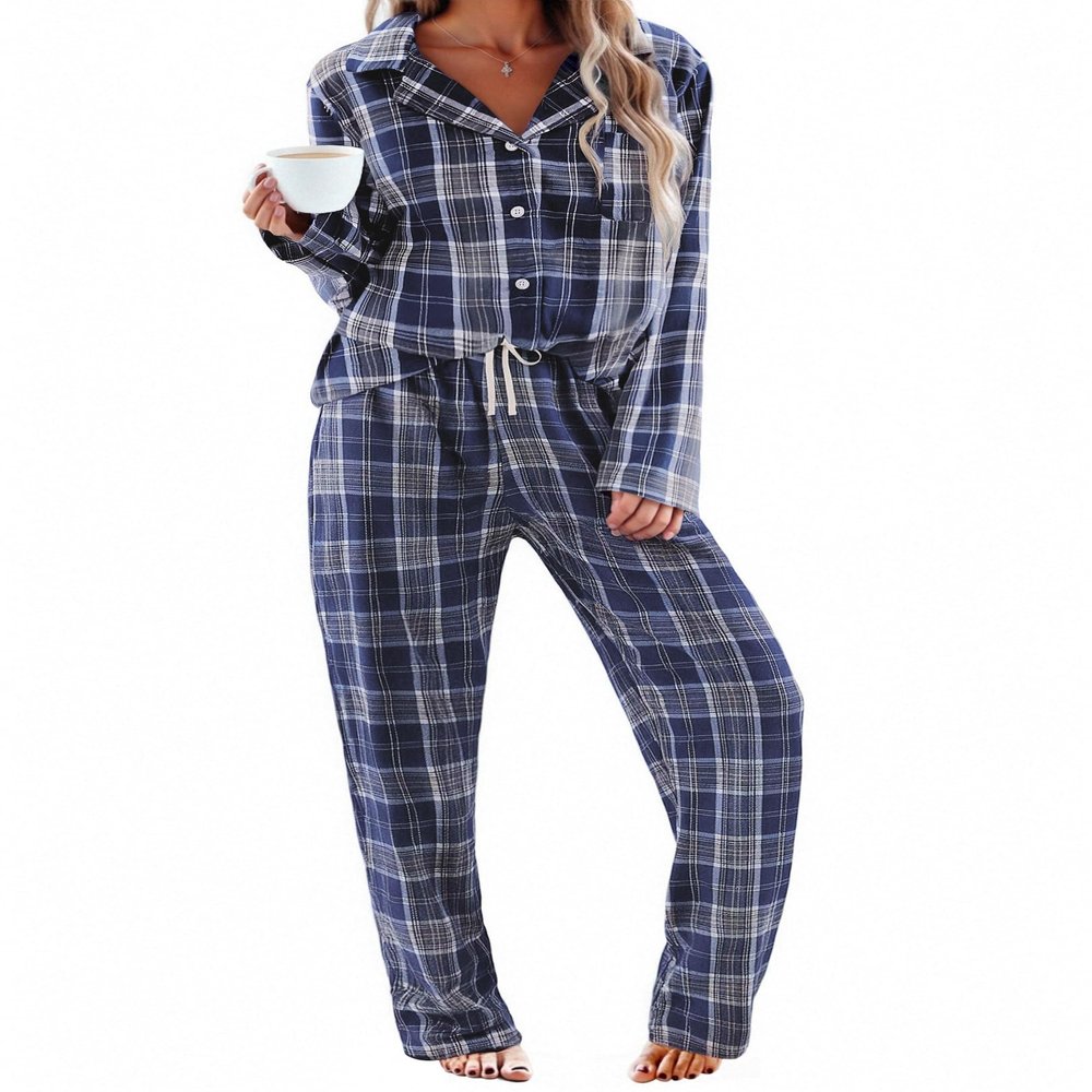 Ekouaer Womens Pajama Sets 2 Piece Cotton Plaid Pjs Long Sleeve Sleepwear Button Down Lounge Set with Pockets