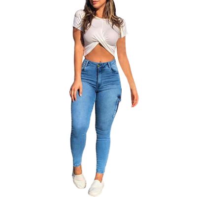 2023 European and American Sexy Zipper Women's Trousers with Pockets Worn White to Make Old Fashion (Light Blue, XL)