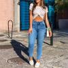2023 European and American Sexy Zipper Women's Trousers with Pockets Worn White to Make Old Fashion (Light Blue, XL) view 2