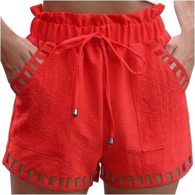 Women's Casual Elastic Waist Running Shorts High Waisted Drawstring Workout Gym Quick Dry Hiking Shorts with Pockets Red