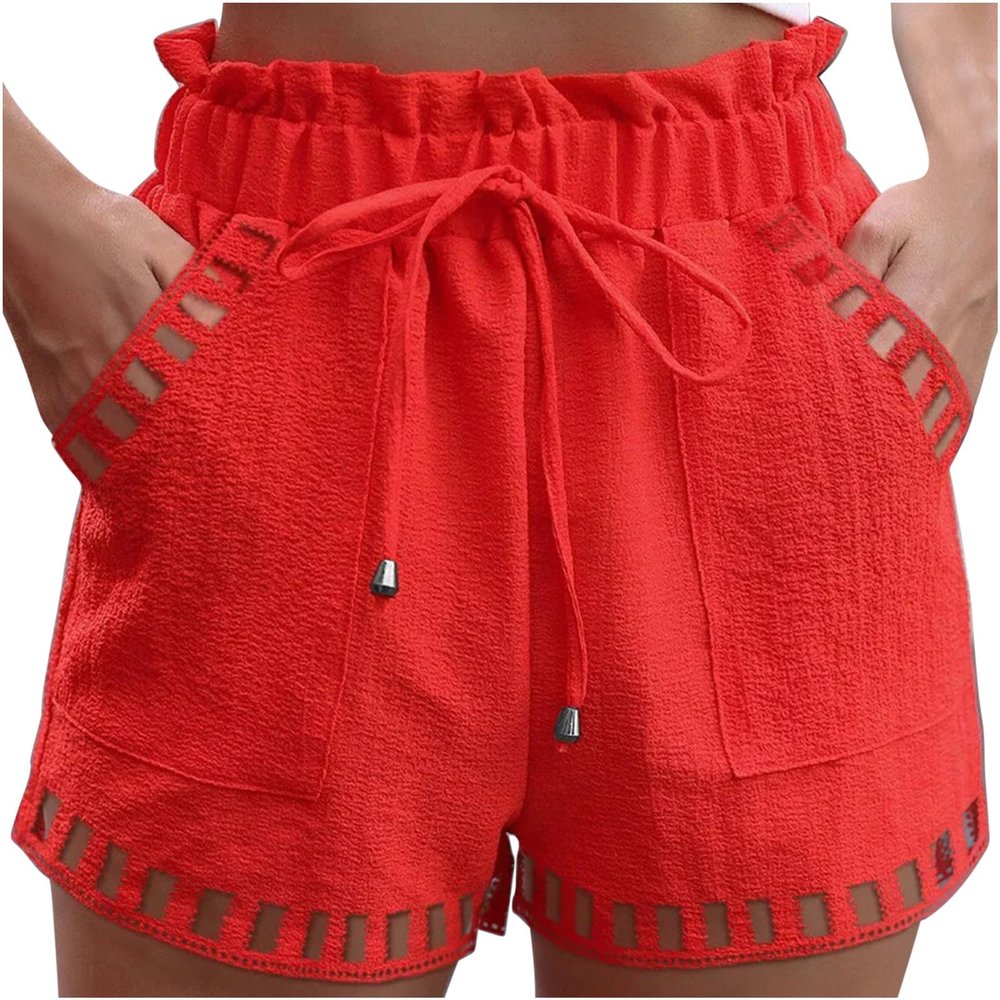Women's Casual Elastic Waist Running Shorts High Waisted Drawstring Workout Gym Quick Dry Hiking Shorts with Pockets Red