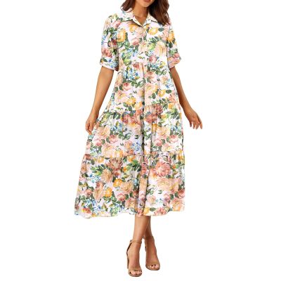 FQFGGYD Women's Floral Midi Dress Summer Flowy Boho Dresses Peplum Short Sleeve Button A-line Skirts Vacation Beach Sundress Beige