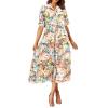 FQFGGYD Women's Floral Midi Dress Summer Flowy Boho Dresses Peplum Short Sleeve Button A-line Skirts Vacation Beach Sundress Beige view 1