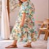 FQFGGYD Women's Floral Midi Dress Summer Flowy Boho Dresses Peplum Short Sleeve Button A-line Skirts Vacation Beach Sundress Beige view 2