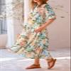 FQFGGYD Women's Floral Midi Dress Summer Flowy Boho Dresses Peplum Short Sleeve Button A-line Skirts Vacation Beach Sundress Beige view 3