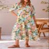 FQFGGYD Women's Floral Midi Dress Summer Flowy Boho Dresses Peplum Short Sleeve Button A-line Skirts Vacation Beach Sundress Beige view 4