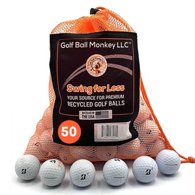 Golf Ball Monkey Cheap Recycled for Bridgestone Golf Balls White Mix - Used for Bridgestone e6, e12 Golf Balls, Tour BX and BRX & More w/Mesh Bag (50-3A/Good)