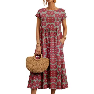Akivide Women's Summer Cotton Linen Floral Printed Short Sleeve Dress Crew Neck Loose Casual Beach Dresses with Pockets
