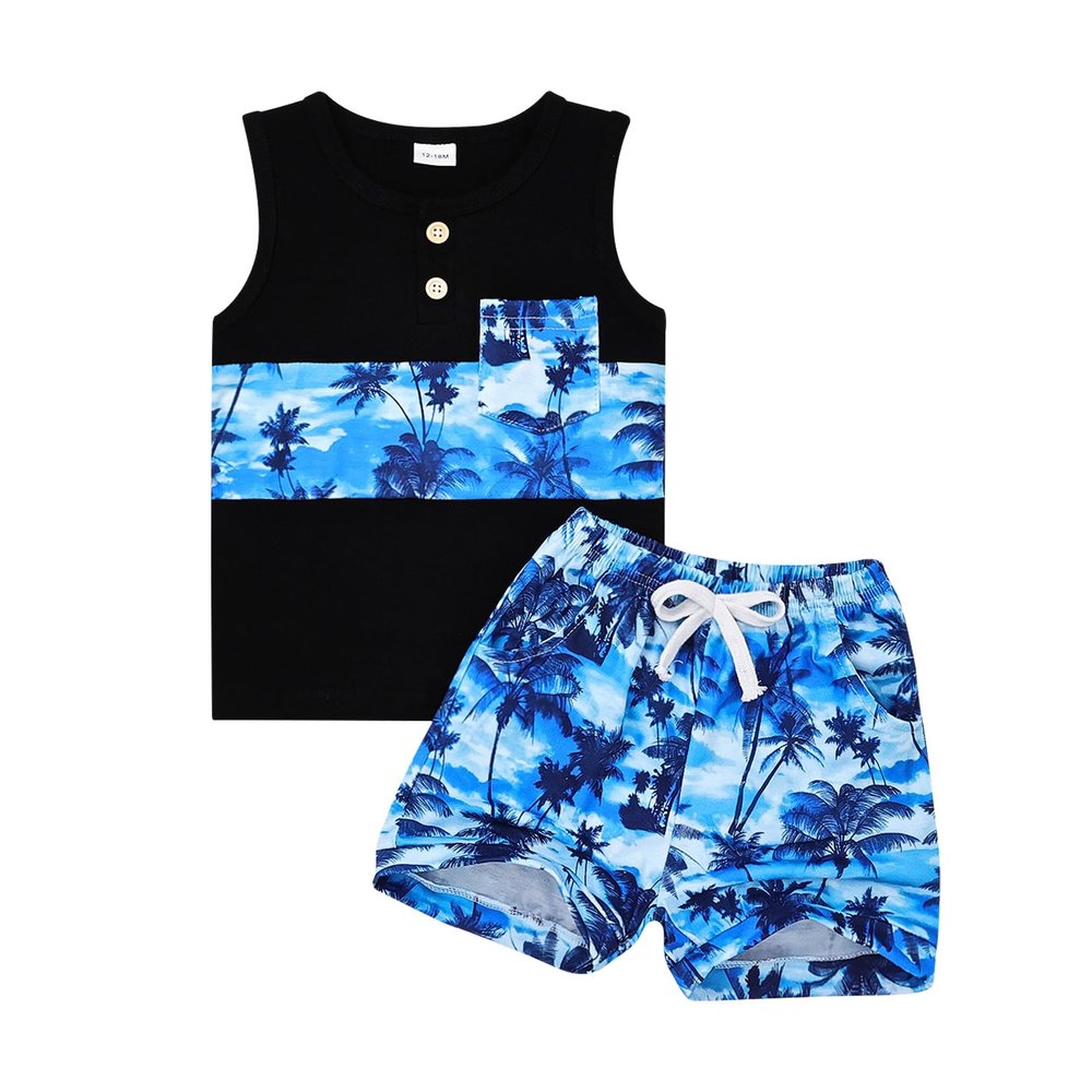 4t Boys Summer Clothes Baby Summer Tropical Beach Design Outfits Sleeveless Tank Tops & Pocket Pant set Blue 3 Years old-4 Years old