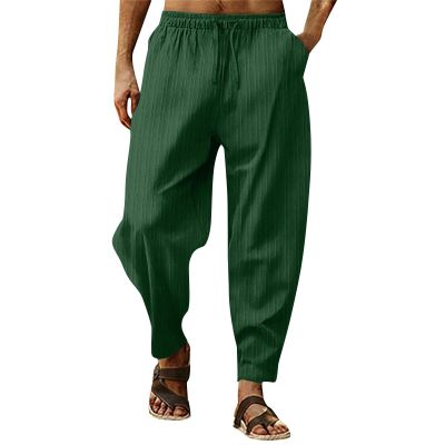 WENKOMG1 Cotton Linen Pants for Men Baggy Style Beach Trousers Lightweight Pajama Bottoms Solid Loose Fit Yoga Pants (Dark Green,Small)