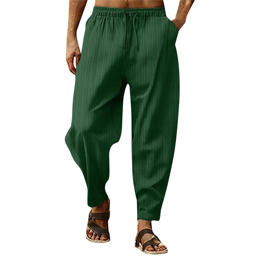 WENKOMG1 Cotton Linen Pants for Men Baggy Style Beach Trousers Lightweight Pajama Bottoms Solid Loose Fit Yoga Pants (Dark Green,Small)