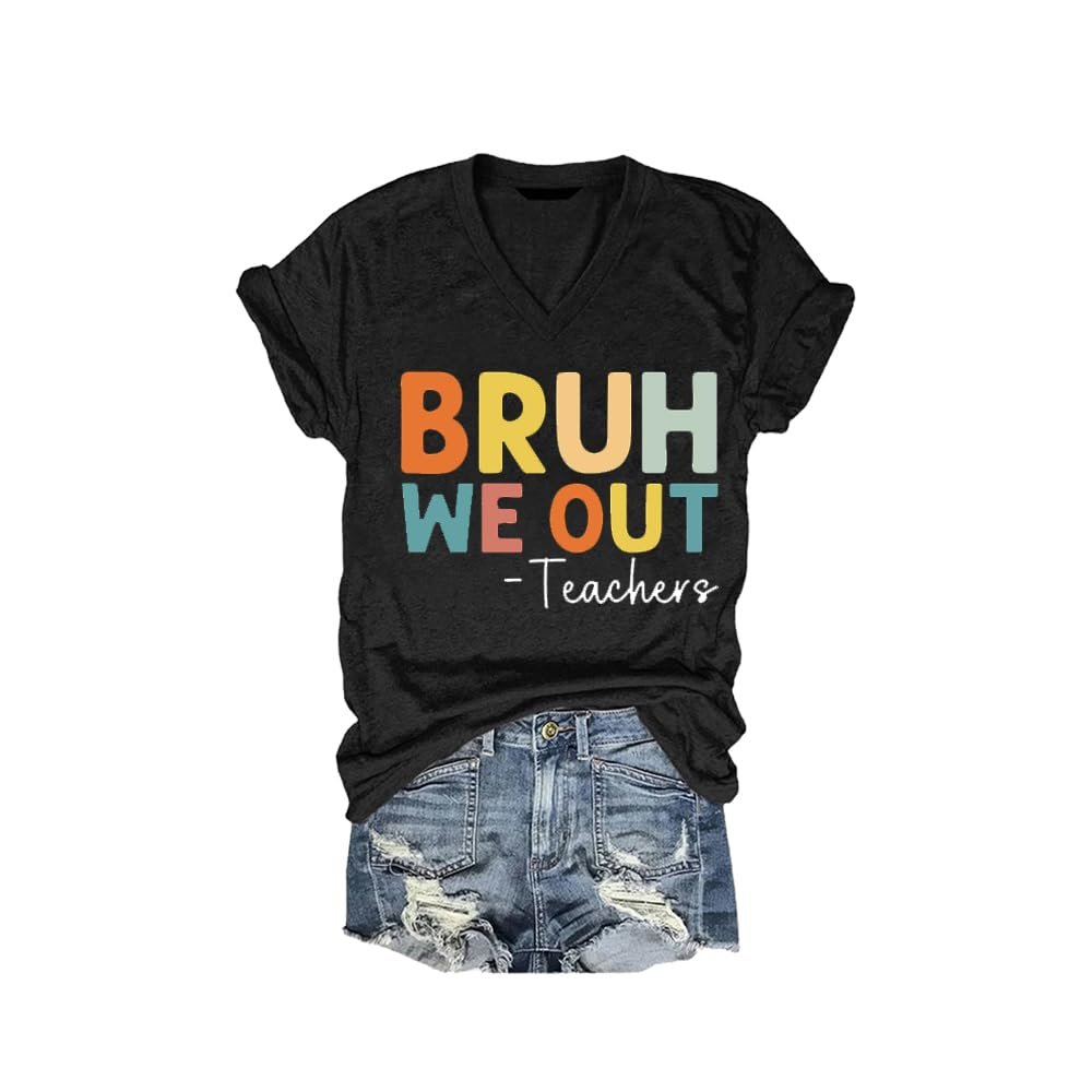 MOGUI Bruh We Out Teachers Tee Last Day of School Teacher Shirt Bruh Shirt Casual Vintage T-Shirts Funny Letter V Neck Tee Funny Tank Tops Black, 5X-Large