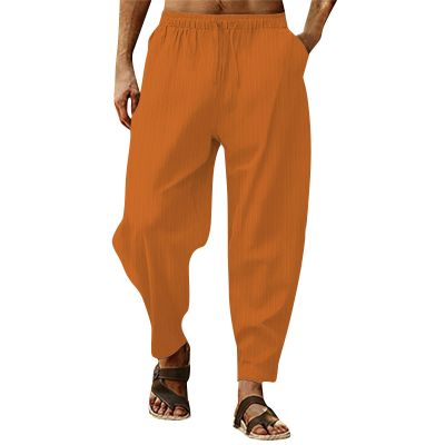 WENKOMG1 Cotton Linen Pants for Men Baggy Style Beach Trousers Lightweight Pajama Bottoms Solid Loose Fit Yoga Pants (Orange,3X-Large)