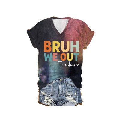 MOGUI Bruh We Out Shirt Bruh We Out Happy Last Day of School T-Shirt, Bruh Teacher T Shirt Casual Vintage T-Shirts Funny Letter V Neck Tee Funny Tank Tops, 4X-Large, Tiedye